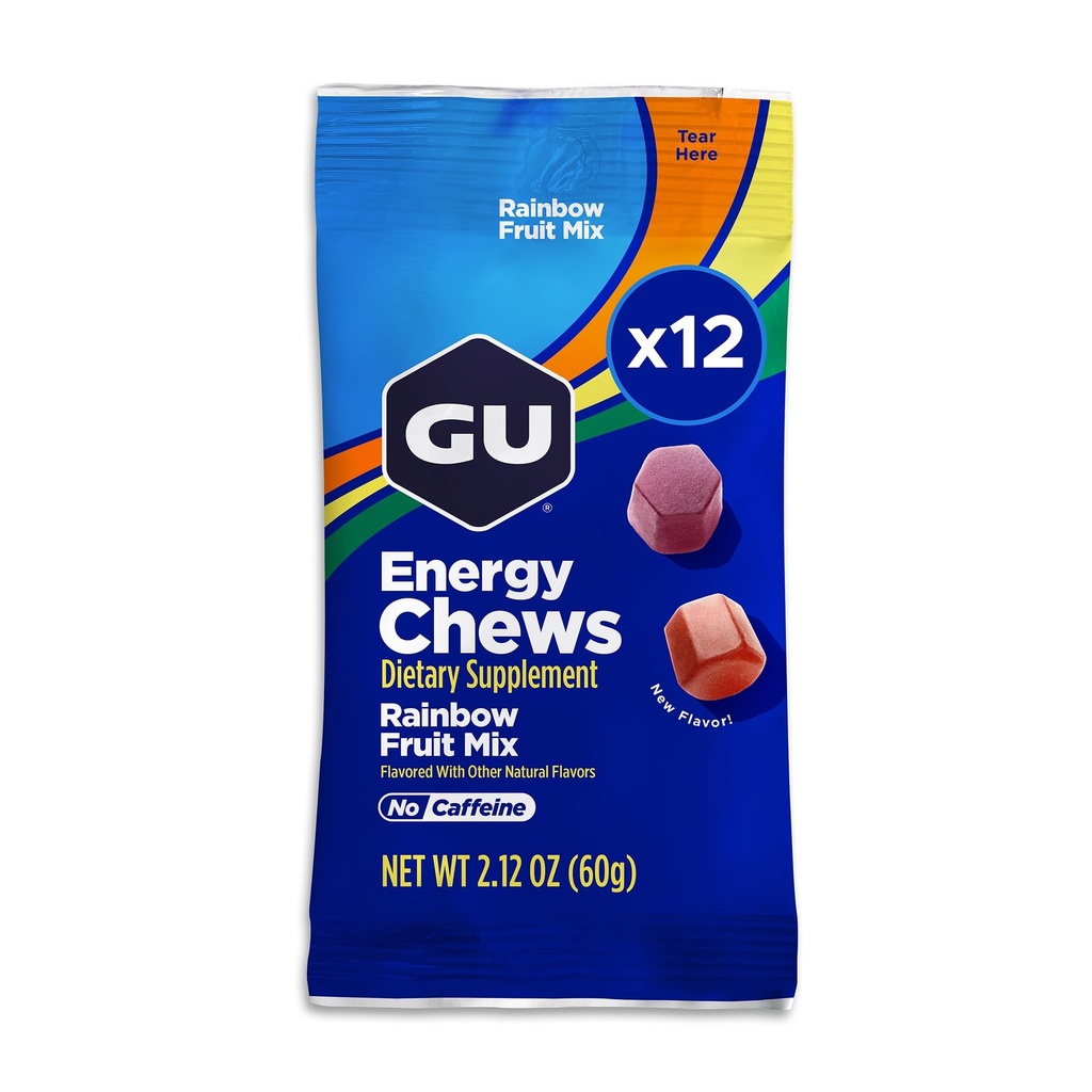 GU Energy Chews, Rainbow Mix Energy Gummies με ηλεκτρολύτες, Dairy-Free, On-The-Go Energy για κάθε προπόνηση, 12 τσάντες (24 Services Σύνολο)