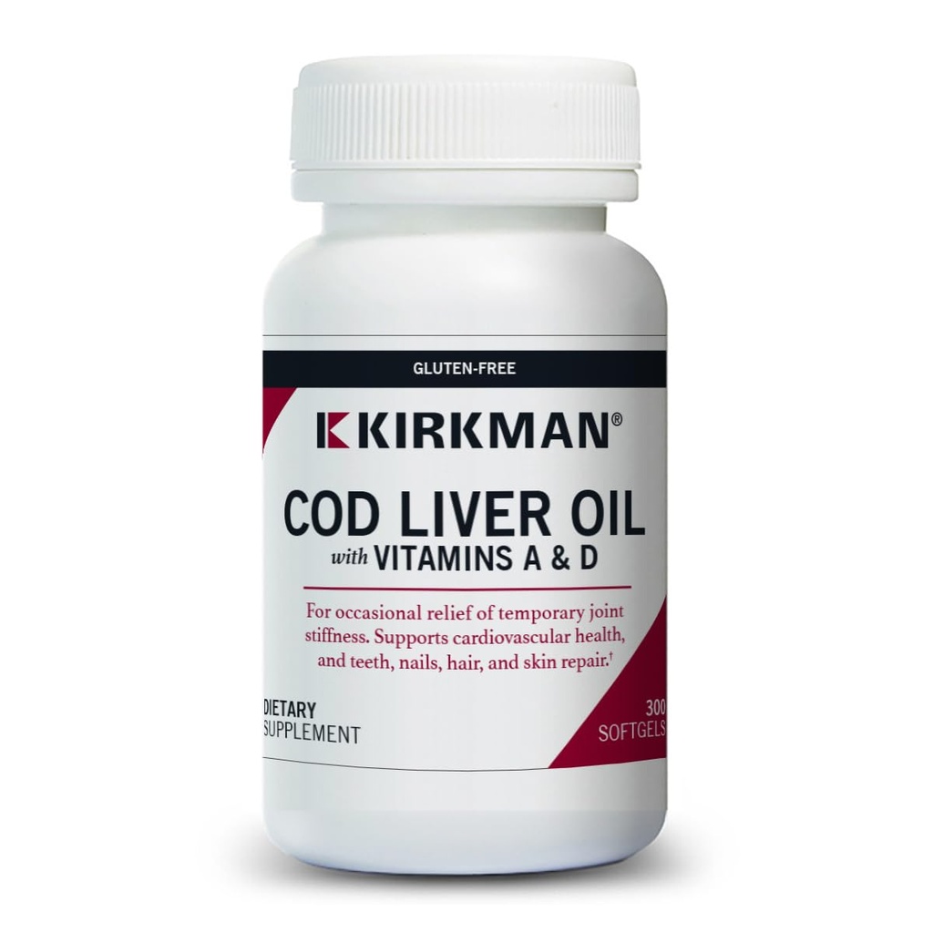 Kirkman - Cod Liver Oil με βιταμίνη A & D - 300 Softgels - Απαραίτητα Λιπαρά Οξέα - Υποστηρίζει Θεμελιώδη Υγεία - Hypoallergenic