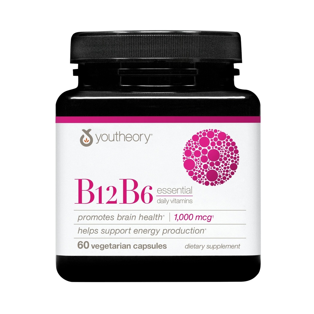 Youtheory B12B6 - Vegan Vitamin B6 & Vitamin B12 - Προσφορές Εγκεφαλική Υγεία, Ενέργεια & Ανοσία Υποστήριξη* - Γαλακτοκομικά, Σόγια & Γλουτένη Χωρίς - 60 Καψάκια Χορτοφαγικής