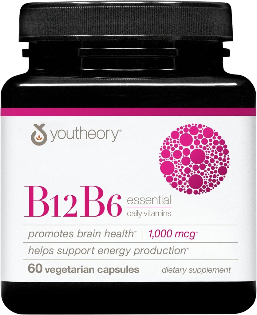 Youtheory B12B6 - Vegan Vitamin B6 & Vitamin B12 - Προσφορές Εγκεφαλική Υγεία, Ενέργεια & Ανοσία Υποστήριξη* - Γαλακτοκομικά, Σόγια & Γλουτένη Χωρίς - 60 Καψάκια Χορτοφαγικής
