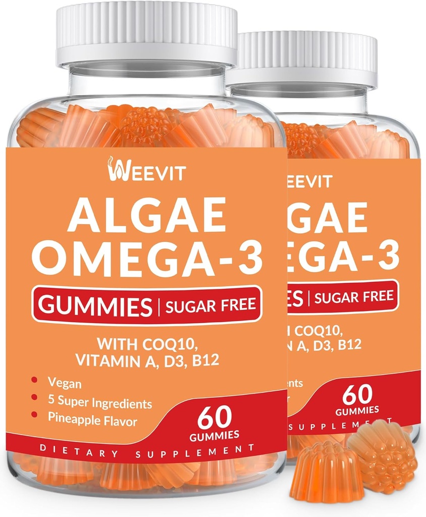 Vegan Omega 3 Gummies, Algae Omega-3 συμπλήρωμα DHA 240mg, EPA 110mg w/Vitamin B12, CoQ10, Fish Oil Εναλλακτική για ενήλικες - τον εγκέφαλο, τα οστά, τα μάτια και την ασυλία Υποστήριξη