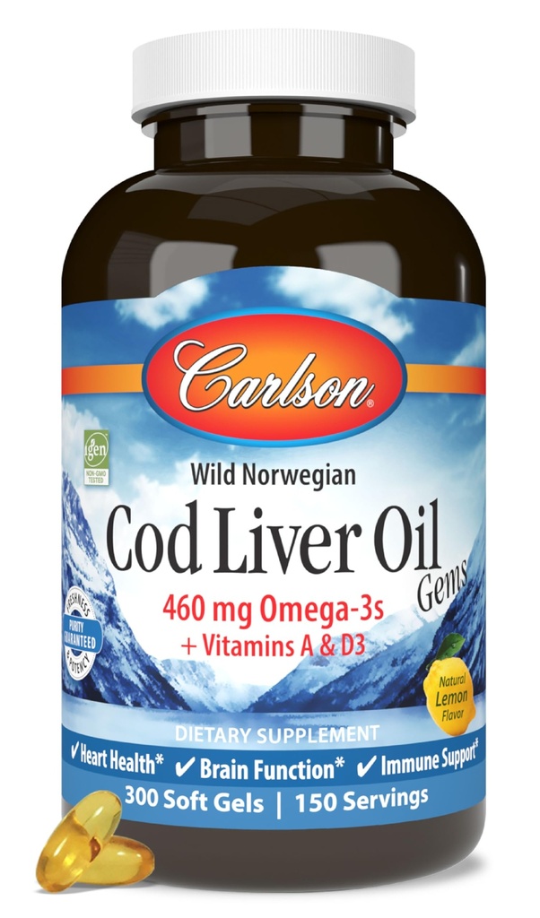 Carlson - Cod Liver Oil, 460 mg Omega-3s + Βιταμίνες A & D3, Wild-Caught Norwegian Arctic Cod-Liver Oil, Αειφόρα που προέρχονται Nordic Fish Oil Caps, Lemon, 300 Softgels