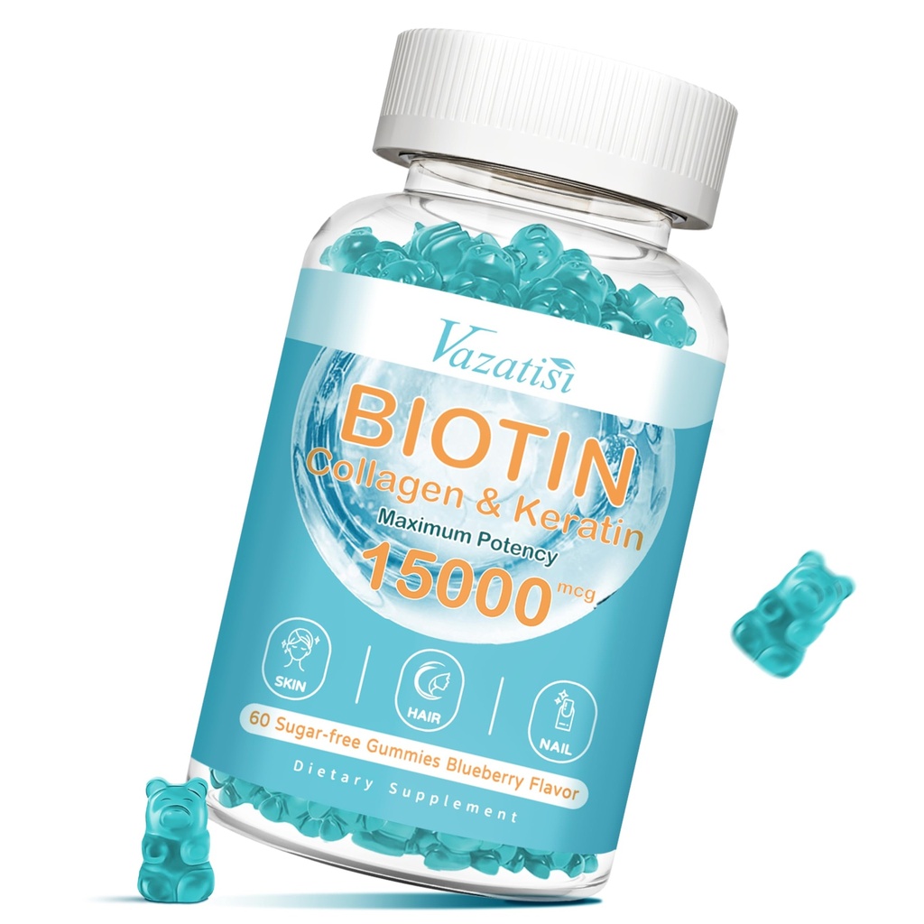 Βιοτίνη και κολλαγόνο Gummies με B12, δέρμα μαλλιών και νύχια Βιταμίνες Gummies για την ανάπτυξη των μαλλιών, λαμπερό δέρμα & ισχυρά νύχια - Blueberry Γεύση, ζάχαρη δωρεάν, 60 Ct