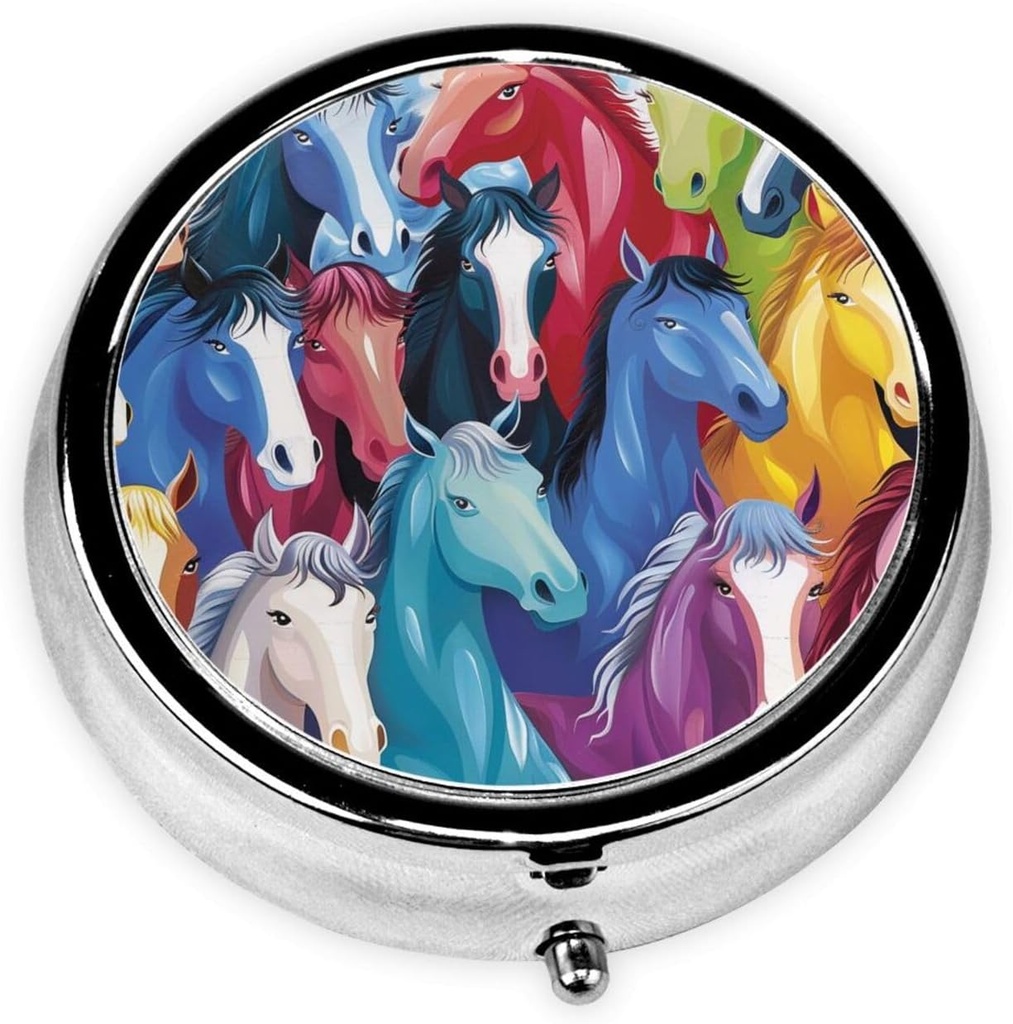 Πολύχρωμο Cartoon Horses Printed Round Pill Organizer με 3 διαμερίσματα, Portable Mini Pill Box Pill περίπτωση για την ιατρική, βιταμίνη, ιχθυέλαιο, συμπληρώματα