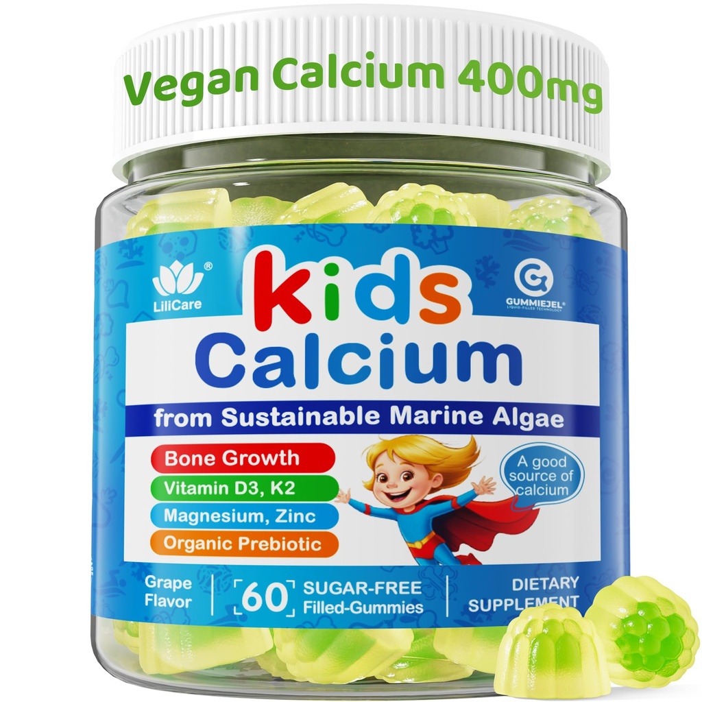 Kids Calcium Gummies + Βιταμίνη D3 K2, Μαγνήσιο, Ψευδάργυρος, Συμπλήρωμα Άλκης Απορρόφησης Ασβέστιο για παιδιά Απαλό στο στομάχι, Οστό, Δόντια, Μυς, Εγκέφαλος, Ζάχαρη Δωρεάν Μασώμενα Παιδιά Βιταμίνες 4+, 60 Μετρήσεις