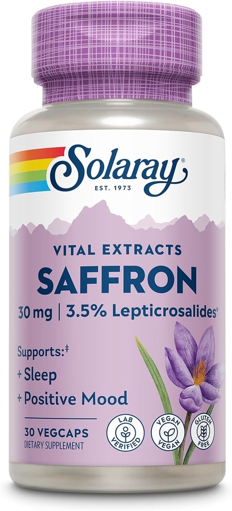 SOLARAY Saffron Extract - Υποστήριξη ύπνου και θετικής διάθεσης - Vegan και χωρίς γλουτένη Saffron Συμπληρώματα - Εργαστήριο Επαληθευμένο - Εγγύηση 60 ημερών - 30 Υπηρεσίες, 30 VegCaps