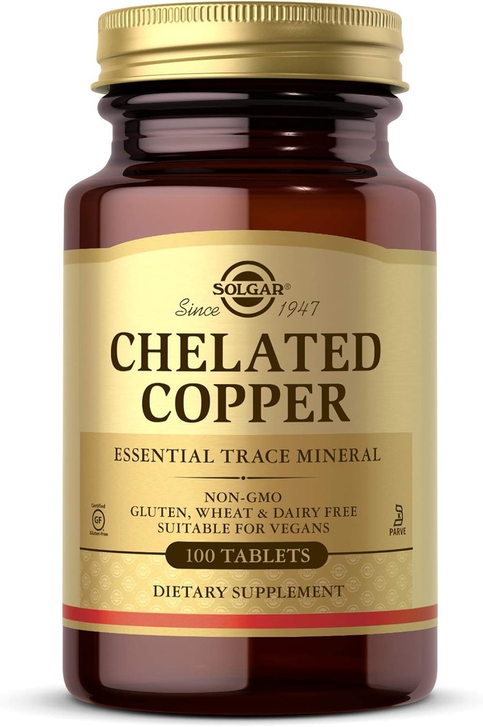 Solgar Chelated Copper, 100 Tablets - Απαραίτητο για το σχηματισμό κολλαγόνου - Υψηλής Βιοδιαθέσιμης φόρμας - Υποστηρίζει συνδετικό ιστό - Μη ΓΤΟ, Vegan, Χωρίς γλουτένη, Χωρίς γαλακτοκομικά, Kosher - 100 Σερβιέτες