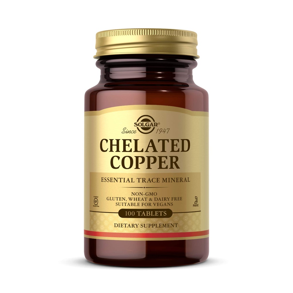 Solgar Chelated Copper, 100 Tablets - Απαραίτητο για το σχηματισμό κολλαγόνου - Υψηλής Βιοδιαθέσιμης φόρμας - Υποστηρίζει συνδετικό ιστό - Μη ΓΤΟ, Vegan, Χωρίς γλουτένη, Χωρίς γαλακτοκομικά, Kosher - 100 Σερβιέτες
