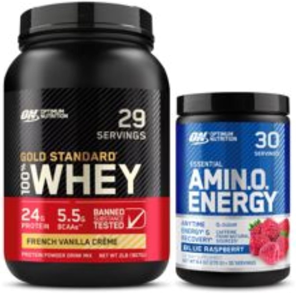 Optimum Nutrition Dynamic Duo Bundle: Amino Energy, Blue Raspberry (30 υπηρεσίες) και Gold Standard 100% Whey Protein Powder, Γαλλική Vanilla Creme (29 υπηρεσίες)