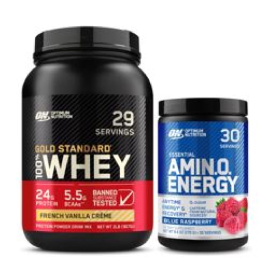 Optimum Nutrition Dynamic Duo Bundle: Amino Energy, Blue Raspberry (30 υπηρεσίες) και Gold Standard 100% Whey Protein Powder, Γαλλική Vanilla Creme (29 υπηρεσίες)