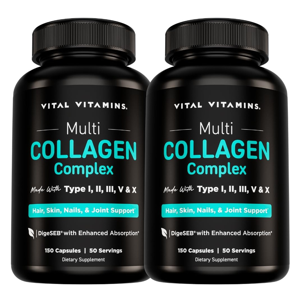 Vital Vitamins Multi Collagen Pills for Women & Men (2-Pack) - Υδρολυμένες Collagen Peptides - Τύπος I, II, III, V, X - Grass Fed, Μη ΓΤΟ