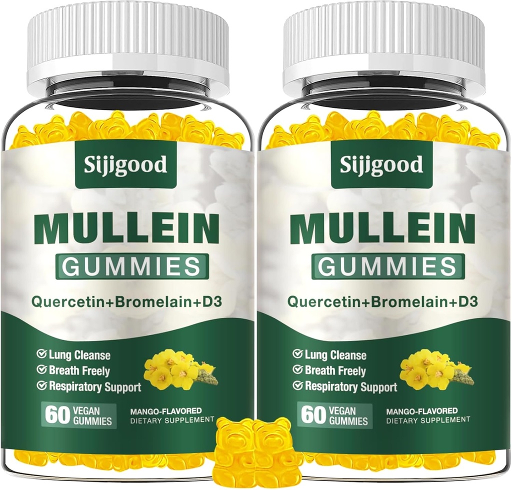 2 Pack Mullein Gummies for Lungs, Mullein Leaf Extract Supplement for Digestive & Respiratory & Immune Support with Bromelain, Quercetin, Mango Flavor, 120 Count