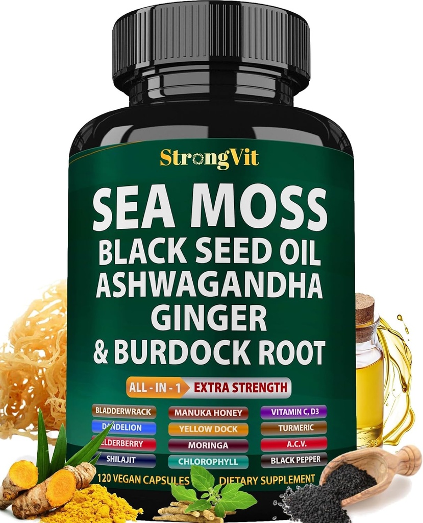 Sea Moss Black Seed Oil Ashwagandha Ginger, Βιολογικές κάψουλες Moss με Burdock Root, Irish Seamoss Χάπια με Bladderwrack, Turmeric, Shilajit, Multimineral Supplement, ΗΠΑ (120 Κάψουλες)
