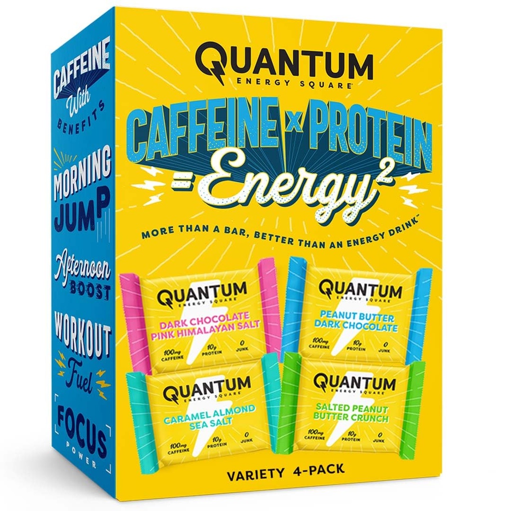Quantum Energy Square - Energy Bar with Caffeine & 10g Protein, Healthy Snack On the Go - Vegan, Gluten-Free, Soy & Dairy-Free - Variety 4-Pack