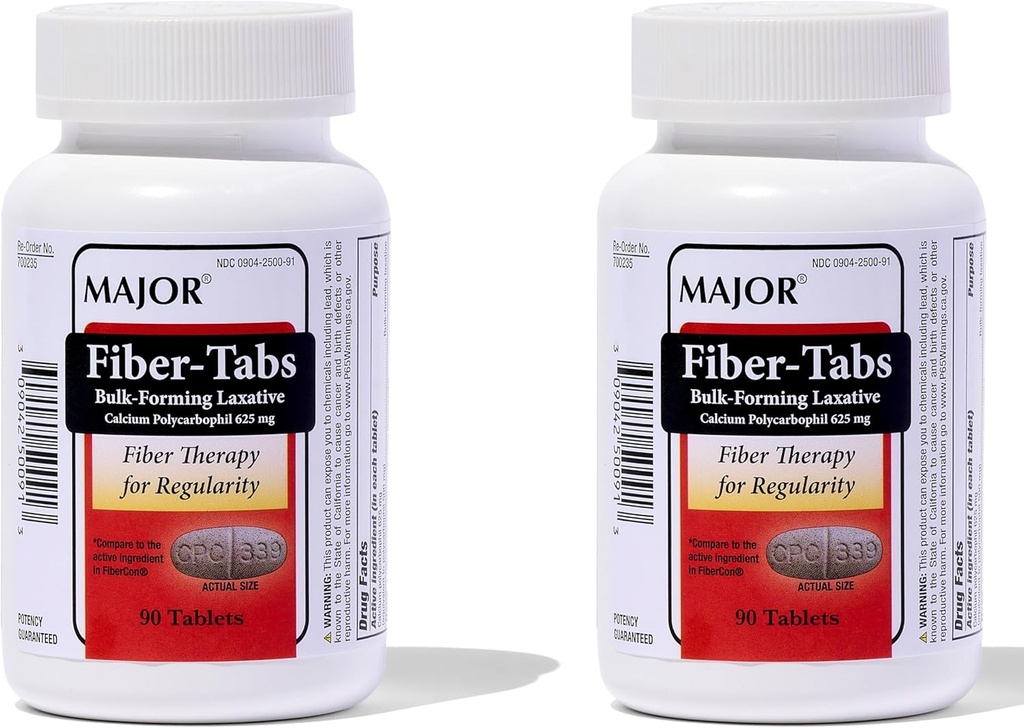 MAJOR Fiber-Tabs 625 Mg Tablets - Fiber Therapy for Regularity - Occasional Constipation Relief for Adults - 90 Count (2 Pack)