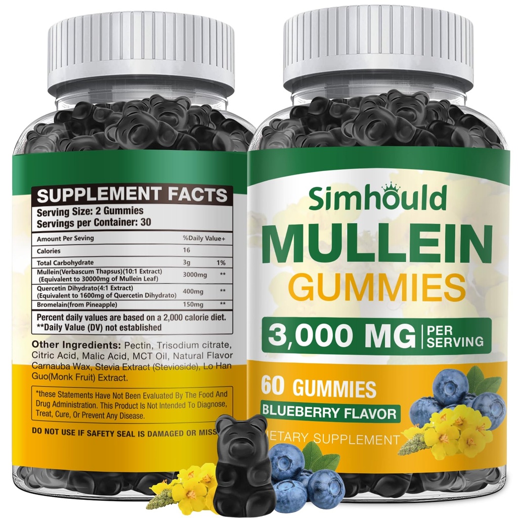 1 Συσκευασία χωρίς ζάχαρη 3000MG Mullein Gummies - Lung Cleanse, Mullein Leaf Extract συμπλήρωμα για αναπνευστικές, οργανικές σταγόνες μουλλινών με Quercetin & Bromelain για τον πνεύμονα, Digestive Health & Immune