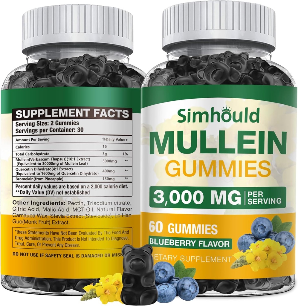 1 Συσκευασία χωρίς ζάχαρη 3000MG Mullein Gummies - Lung Cleanse, Mullein Leaf Extract συμπλήρωμα για αναπνευστικές, οργανικές σταγόνες μουλλινών με Quercetin & Bromelain για τον πνεύμονα, Digestive Health & Immune