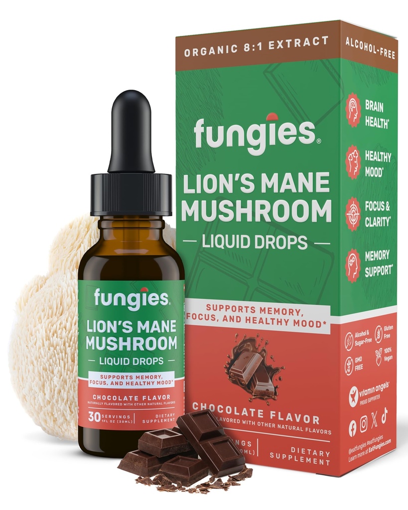 Fungies Lion's Mane Mushroom Liquid Drops, Chocolate - Βάμμα με Lions Mane Extract Υποστηρίζει εγκεφαλική ομίχλη, Focus, Memory & Healthy Mood - Mushroom Complex Συμπλήρωμα για Ενήλικες - 30 Υπηρεσίες