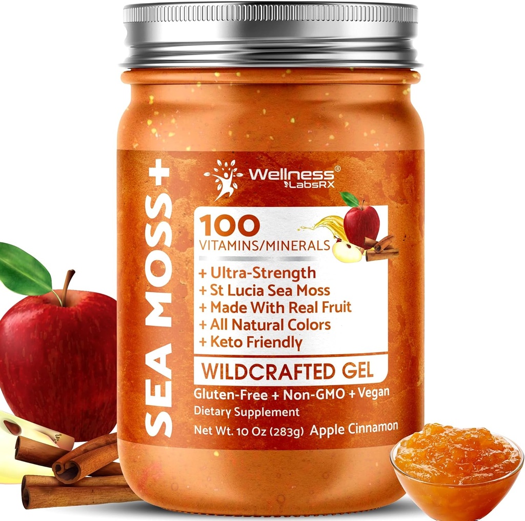 Irish Sea Moss Gel Raw - Wildcraft Superfood Seamoss Gel - Μήλο Κανέλα Γεύση, Βιταμίνη και Ορυκτά-Πλούσια από την Πριστίνα Caribbean Waters, ανοσοποιητική και Digestive Υγεία Υποστήριξη - 10 oz