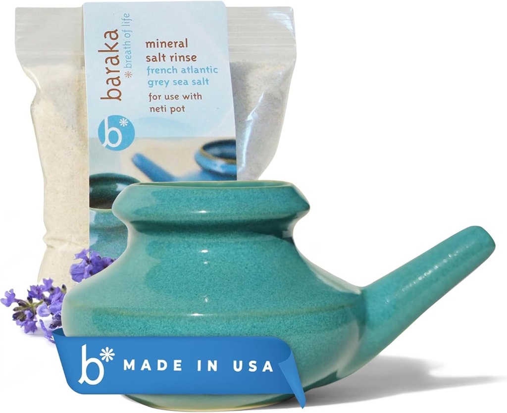 Baraka Neti Pot Tool Kit - Snoring & Saline Solution, Χειροποίητο Κεραμικό Πλυντήριο πιάτων Ασφαλές με 2oz Ορυκτό αλάτι θάλασσας για τη μύτη Καθαρισμός & Sinus Rinse Τέλειο για Αλλεργία Ανακούφιση σε Ενήλικες & Παιδιά (Jade)