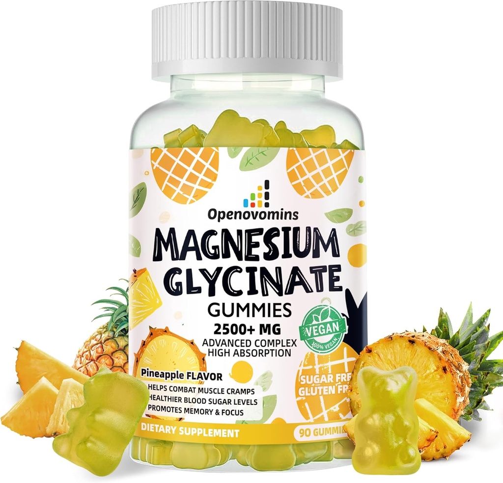 Γλυκινικό μαγνήσιο Gummies 2500mg - Συμπλήρωμα μαγνησίου χωρίς ζάχαρη με βιταμίνη D, B6, CoQ10 για υποστήριξη ηρεμίας & ύπνου - 90 Gummies ανανά
