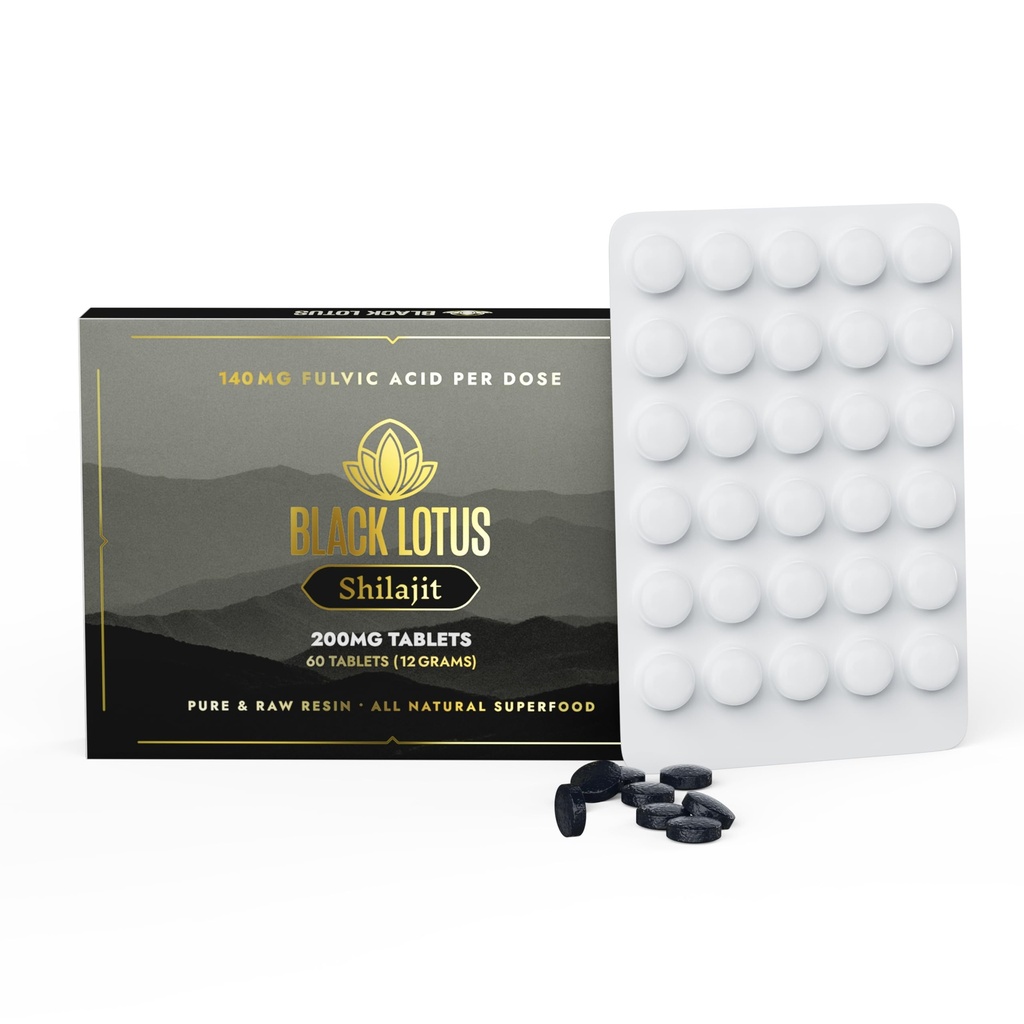 Black Lotus Shilajit Resin Tablets, 60 Count, 200mg Κάθε, 100% καθαρό φυσικό Shilajit για άνδρες & γυναίκες με Αμινοξέα, 140mg Fulvic Acid, 85 ιωνικά ορυκτά, για ανοσοποιητική υποστήριξη, εστίαση, ενέργεια