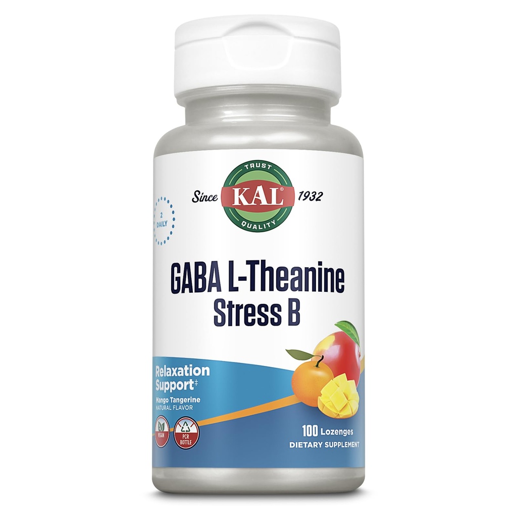 KAL GABA L-Theanine Stress B Lozenge, B Complex Vitamin Supplement, Healthy Relaxation, Mood & Focus Support, Φυσικό Mango Tangerine Flavor, Vegan, 50 Υπηρεσίες, 100 Lozenges