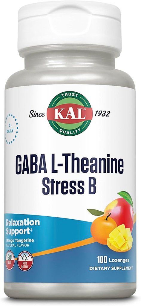 KAL GABA L-Theanine Stress B Lozenge, B Complex Vitamin Supplement, Healthy Relaxation, Mood & Focus Support, Natural Mango Tangerine Flavor, Vegan, 50 Servings, 100 Lozenges