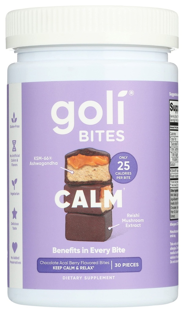 Goli Διατροφή Calm Ashwagandha Bites σοκολάτα Acai Berry Γεύση, καφεΐνη, χορτοφάγοι, χωρίς γλουτένη και χωρίς πρόσθετα συντηρητικά, 30 κομμάτια (πακέτο του 1)