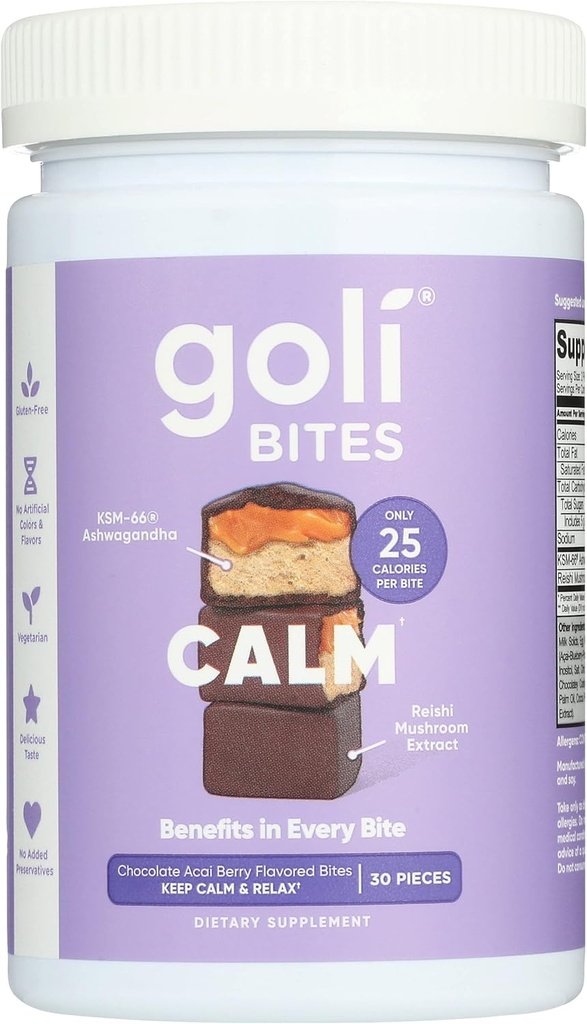 Goli Διατροφή Calm Ashwagandha Bites σοκολάτα Acai Berry Γεύση, καφεΐνη, χορτοφάγοι, χωρίς γλουτένη και χωρίς πρόσθετα συντηρητικά, 30 κομμάτια (πακέτο του 1)