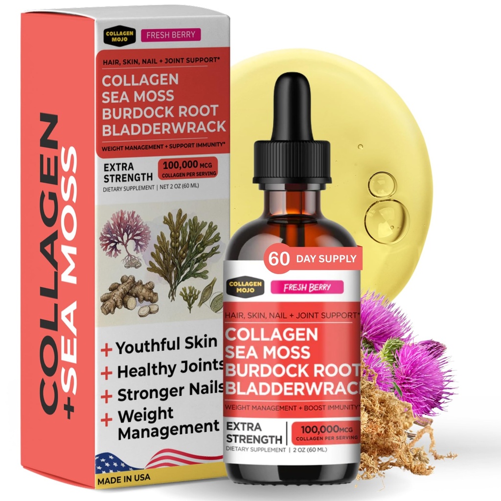 Collagen Mojo - Liquid Collagen για γυναίκες & άνδρες, Collagen Peptides με θαλάσσια Moss, Burdock Root & Bladderwrack - μαλλιά, δέρμα, νύχια, κοινή υποστήριξη, διαχείριση βάρους, υψηλή απορρόφηση - 100.000mcg, 2 Oz