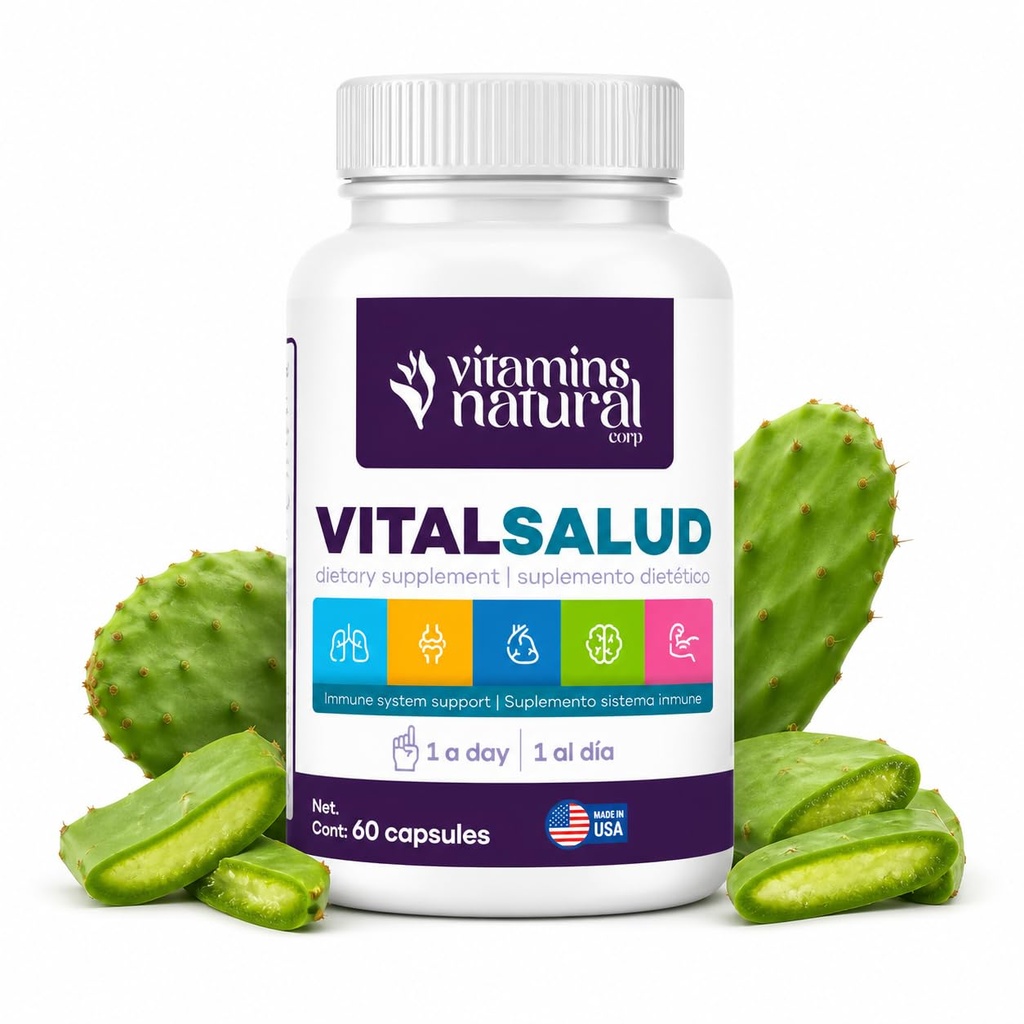 VITAMINS ΦΥΣΙΚΗ CORP-Vital Salud Plus-Organic ανοσοποιητικό σύστημα συμπλήρωμα υποστήριξης με Nopal Cactus, L-Καρνιτίνη βάση-υποστηρίζει την υγεία των οστών, μειώνει τις κιρσούς, βελτιώνει την εμφάνιση του δέρματος (60 κάψουλες)