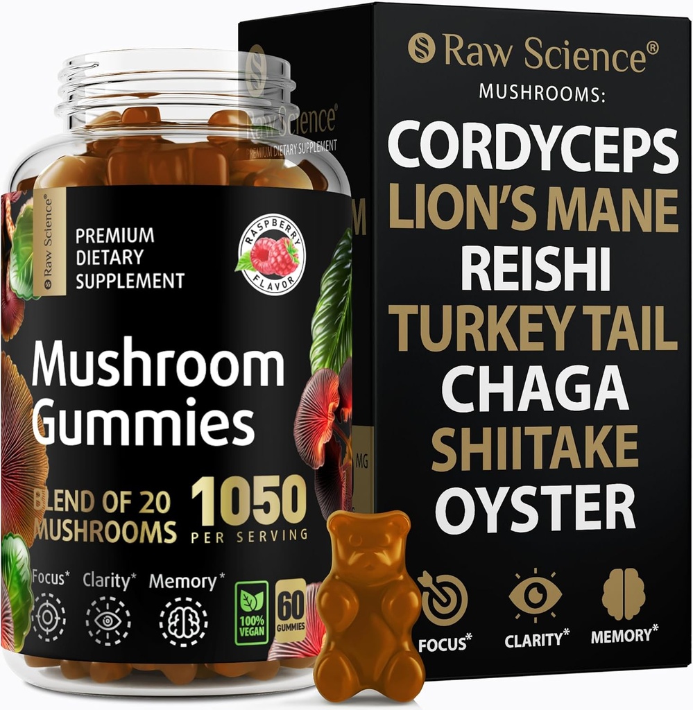 Μανιτάρια Συγκρότημα Gummies με Lions Mane, Nootropic Brain Συμπληρώματα για Μνήμη και Εστίαση: Lion's Mane, Cordyceps, Shiitake, Turkey Tail, Reishi, Chaga, Enoki, Oyster Mushroom Supplement - 60 Μονάδες