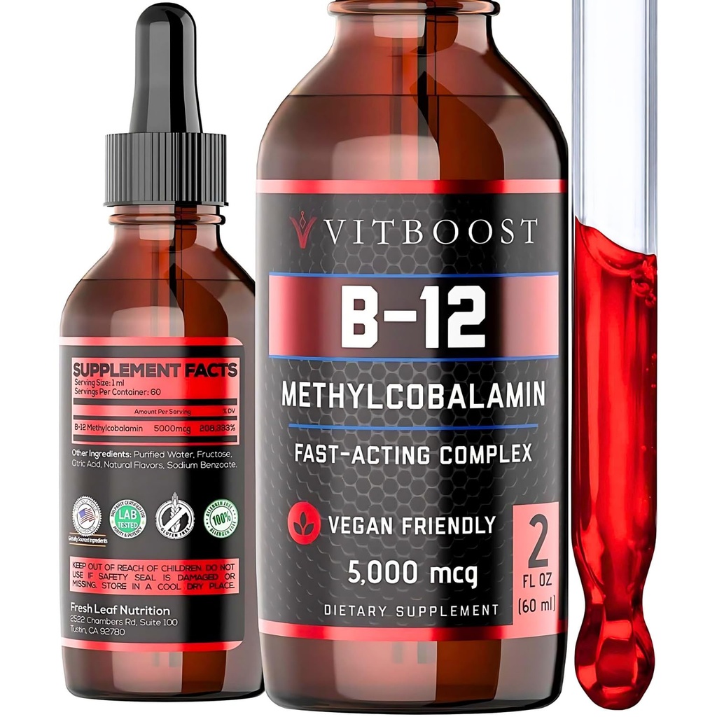 Vegan Liquid B-12 Drops – 60 x 5000 mcg Extra Strength Raspberry Flavored Vitamin B12 Liquid Methylcobalamin sublingual Συμπλήρωμα 