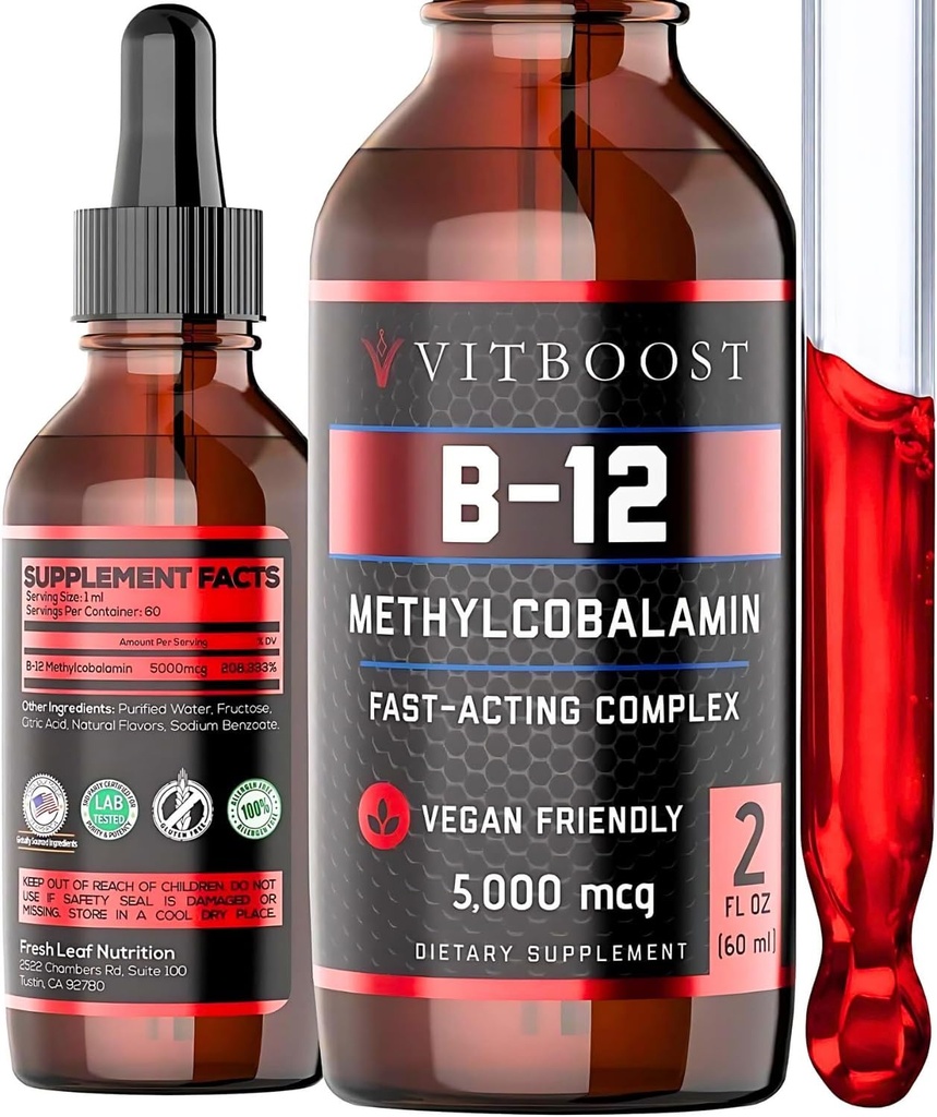 Vegan Liquid B-12 Drops – 60 x 5000 mcg Extra Strength Raspberry Flavored Vitamin B12 Liquid Methylcobalamin sublingual Συμπλήρωμα 