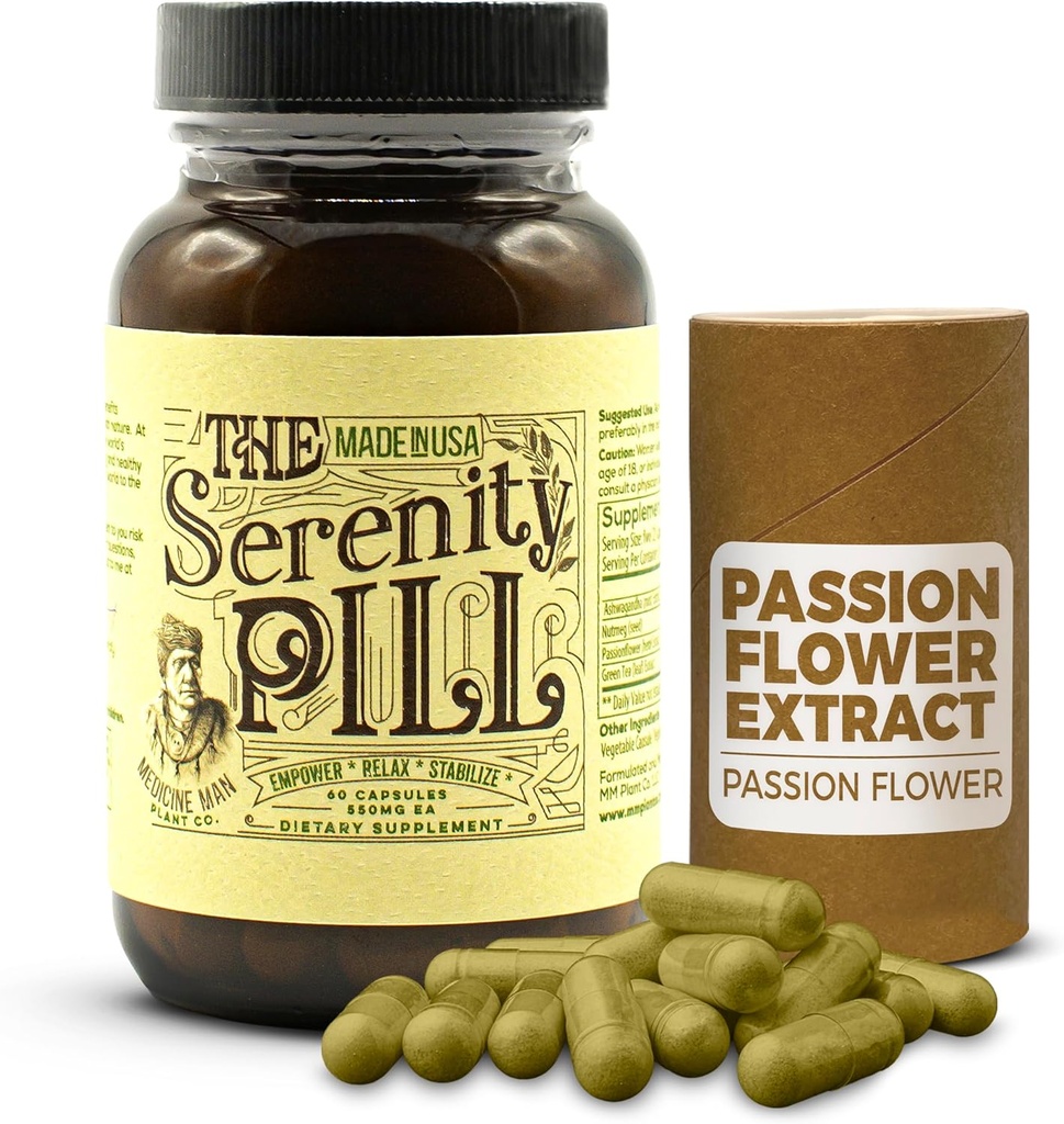 The Serenity Pill 60 Caps - Organic Mood Pills & Anti Stress Supplement w/Ashwagandha Root Extract, Passion Flower Extract, Nutmeg & Green Tea Extract - Natural Passion Flower Supplement for Stress