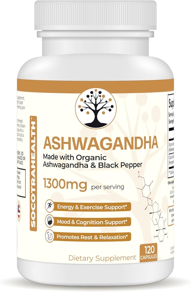 Ashwagandha με Μαύρο Πιπέρι για Ενισχυμένη Απορρόφηση - Certified Organic, Non-GMO, Gluten-free - Υποστηρίζει Mood και ενέργεια, υποστηρίζει ξεκούραση και χαλάρωση - 120 κάψουλες Vegan