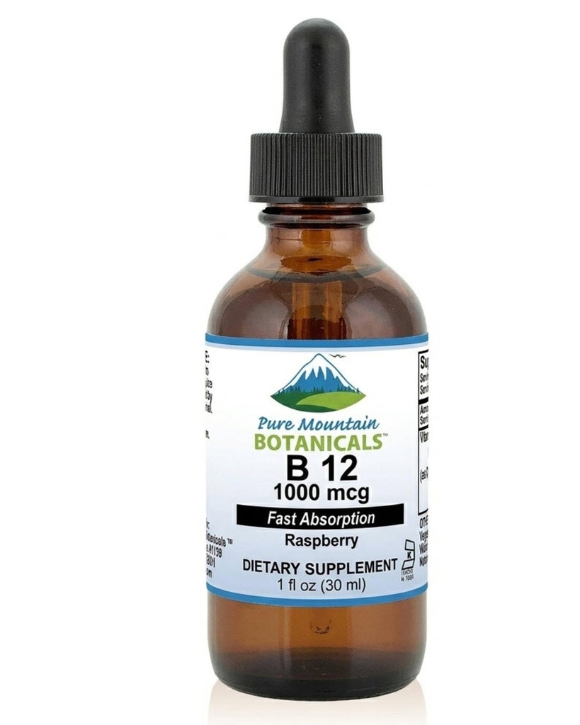 Pure Mountain Botanicals B12 Βιταμίνη 1000 mcg – Kosher Liquid B12 σταγόνες με φυσική γεύση μούρου