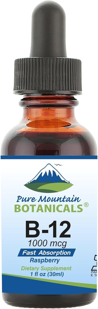 Pure Mountain Botanicals B12 Βιταμίνη 1000 mcg – Kosher Liquid B12 σταγόνες με φυσική γεύση μούρου