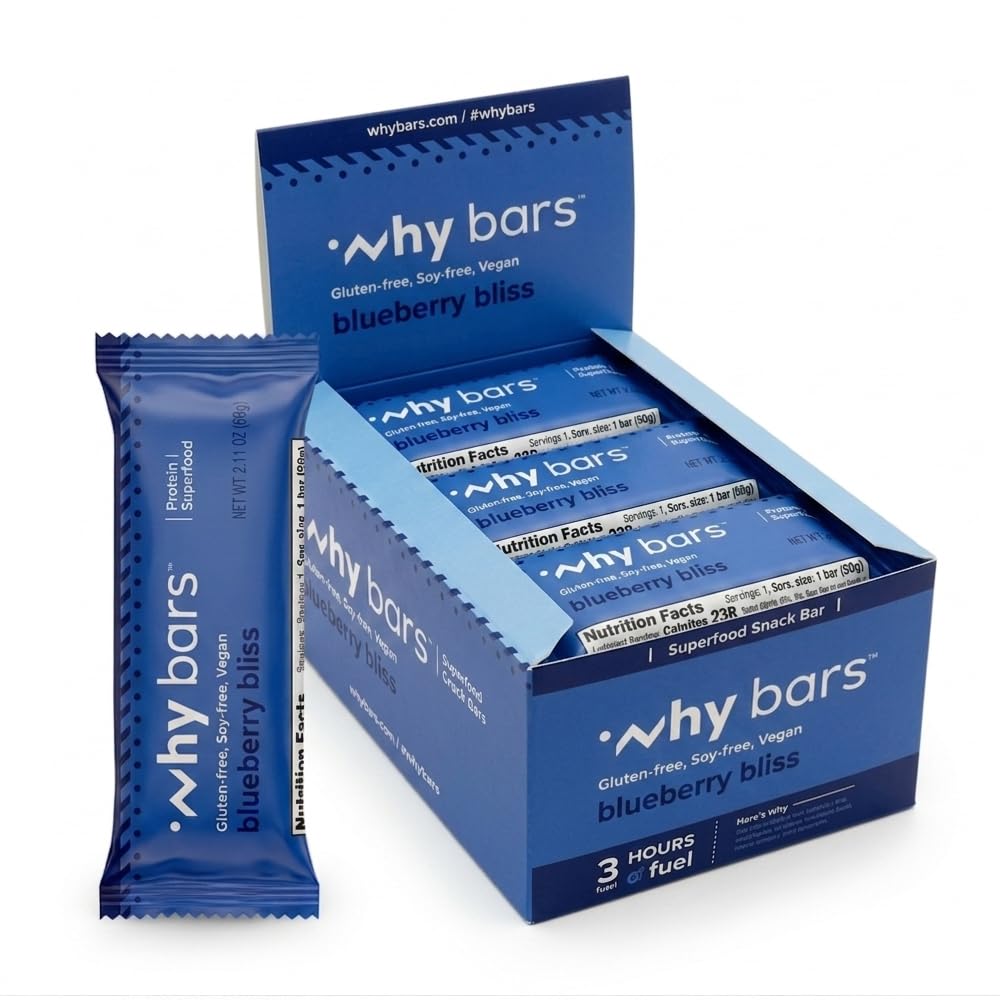 Why Bars, Protein Bars, Blueberry Bliss, 2.04 Ounce Bars (Pack of 12 Protein Bars) - Protein Bar Superfood, Χωρίς γλουτένη, Μη ΓΤΟ, Βιολογικό, Vegan, Απλό Συστατικά