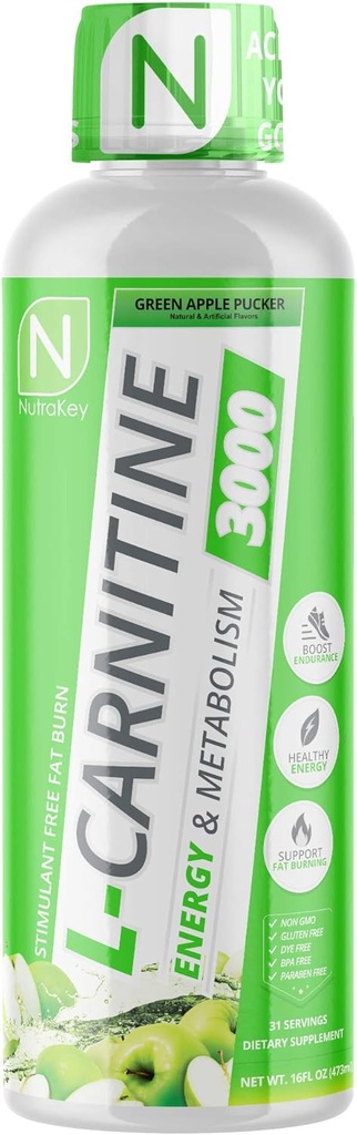 NutraKey L-Carnitine 3000mg, No Sugar, Gluten Free, Turn Into Fuel, (Green Apple) 31 Servings