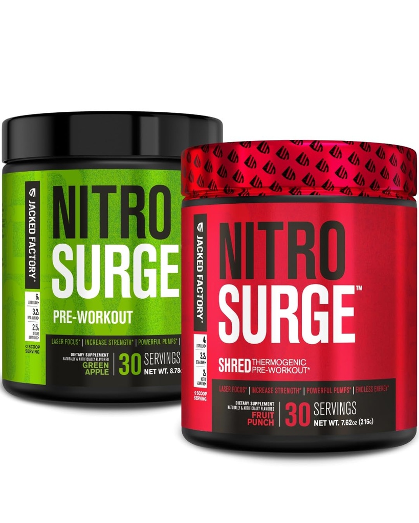 Jacked Εργοστάσιο Nitrosurge προ-εξάσκηση σε πράσινο Apple & Fruit Punch Nitrosurge Shred Θερμογόνο προ-εξάσκηση για άνδρες και γυναίκες