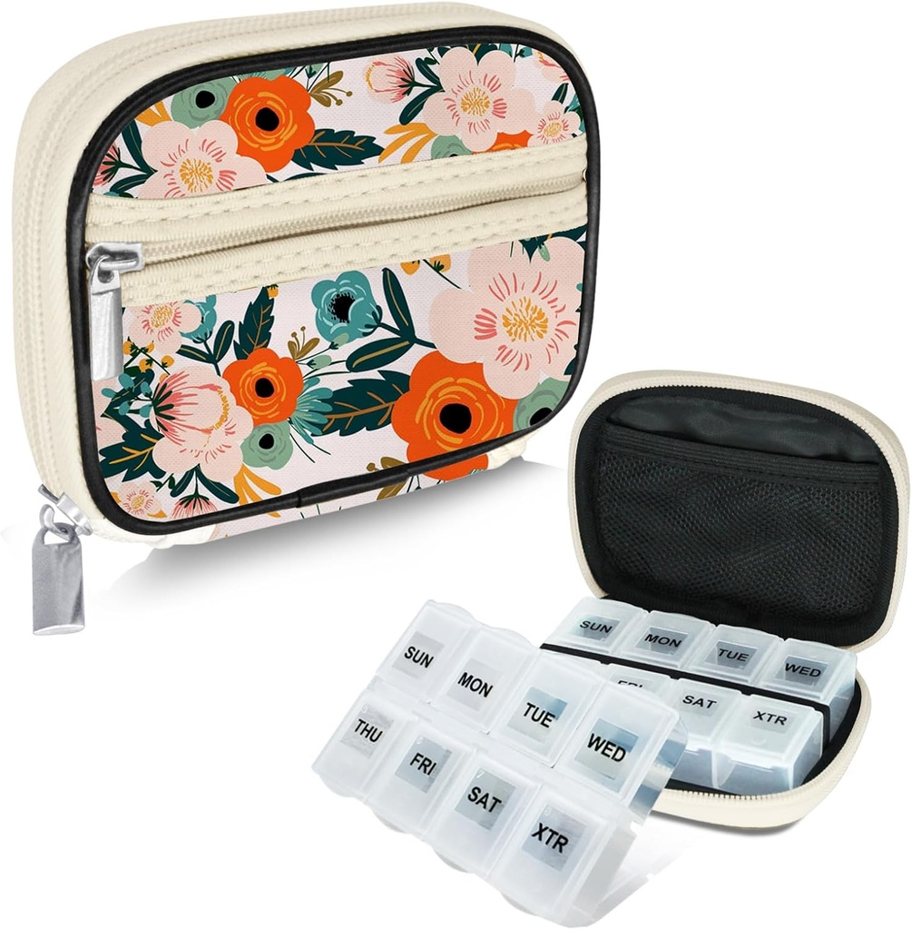 Serfeymi Weekly Travel Pill Organizer Pill Case for Purse with Removed 7 Day Pill Box, Fashionable Travel Medicine Organizer Pill Container for Medicine, Vitamin, Supplement - Bloom 01 + Pill Box