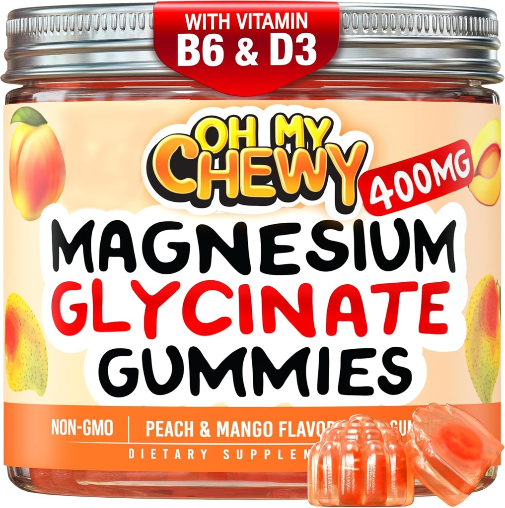Κεντρο-γεμισμένο Μαγνήσιο Glycinate Gummies 400MG - Υψηλή απορρόφηση για παιδιά, εφήβους και ενήλικες - Συμπλήρωμα για ύπνο, ηρεμία & μυϊκή χαλάρωση με B6 & D3 - Gluten Free & Vegan Friendly - 120 Count