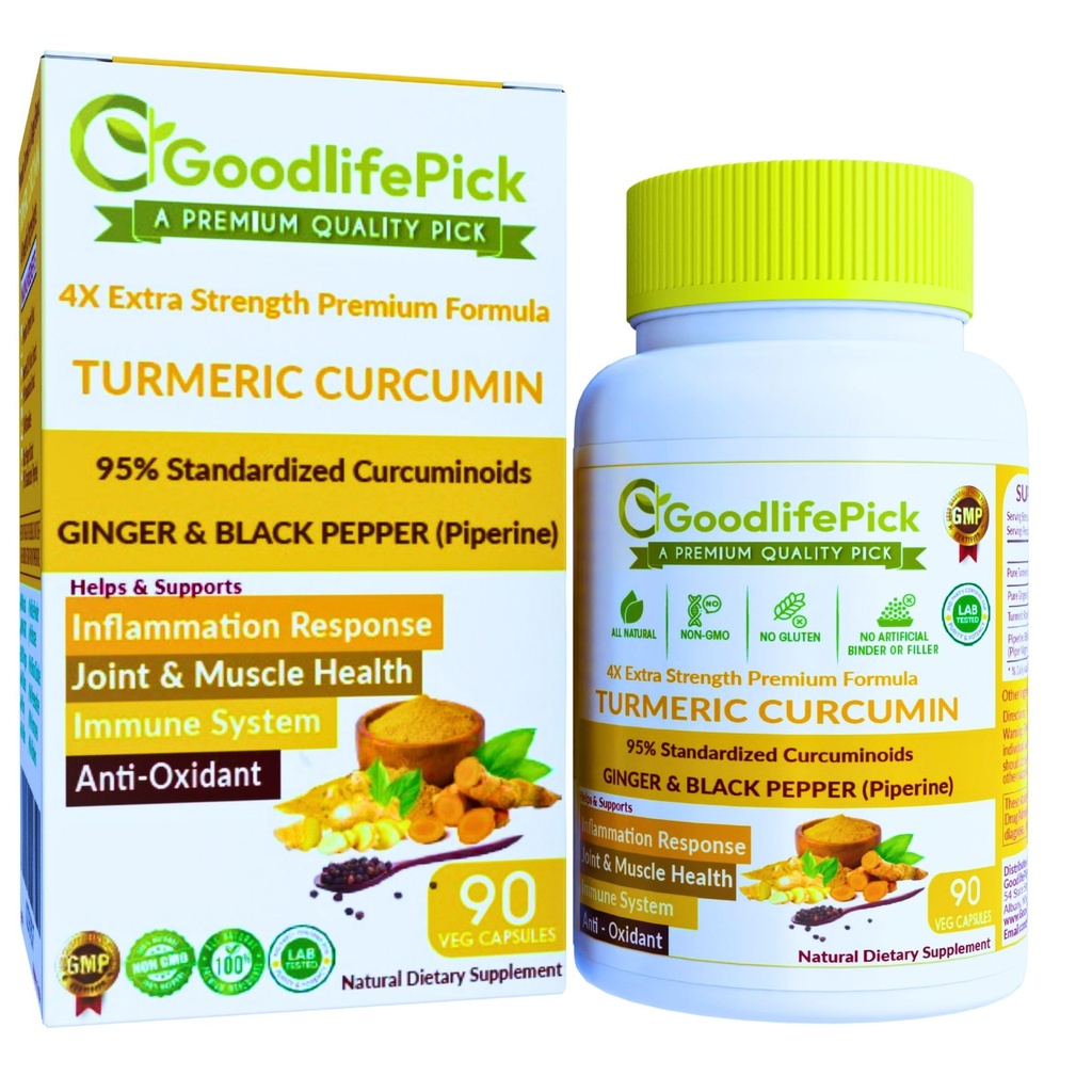 Turmeric Curcumin Capsules Extra Strength with Ginger & 95% Curcuminoids & Black Pepper Extract for Maximum Benefits. All Natural NonGMO NO Rice Powder NO Stearate NO Silica- 90 Veg Cap
