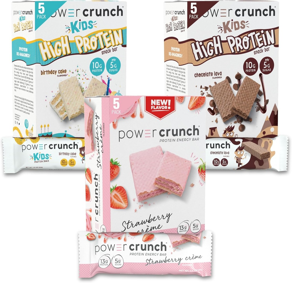 Power Crunch Protein Wafer Bars and Power Crunch KIDS Protein Bars, Variety Pack, (15 κόμης) Υψηλής πρωτεΐνης σνακ με γευστική γεύση