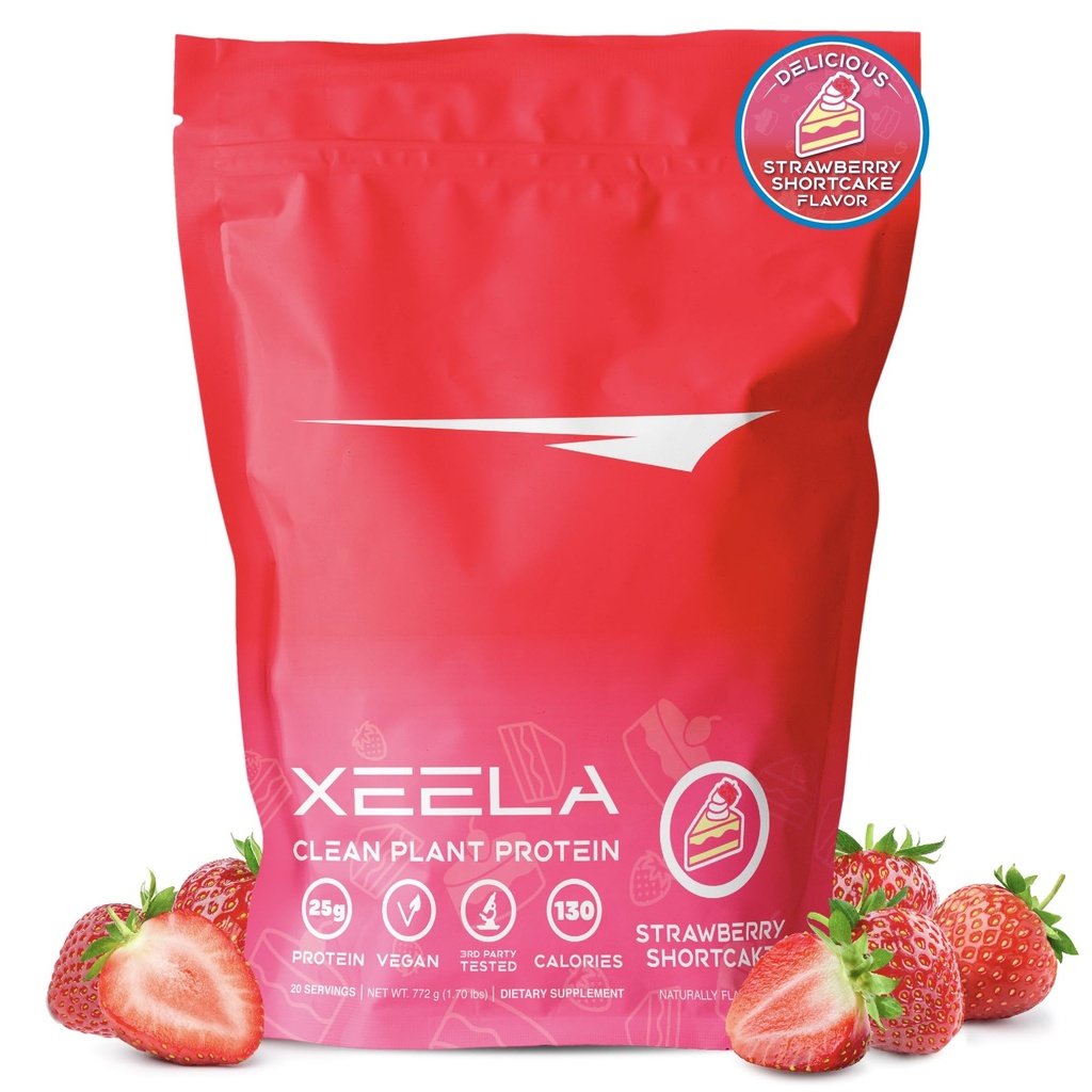 XEELA Vegan Protein Powder - Independently Tested - 25g Υψηλής Πρωτεΐνης, Πρωτεΐνης Μπύρας για Άνδρες & Γυναίκες - Βιταμίνες & Ορυκτά, Μη ΓΤΟ, Γαλακτοκομικά & Γλουτένη Χωρίς, Χαμηλό Καρμπόν & Χαμηλό Πάτημα (Strawberry Cake)