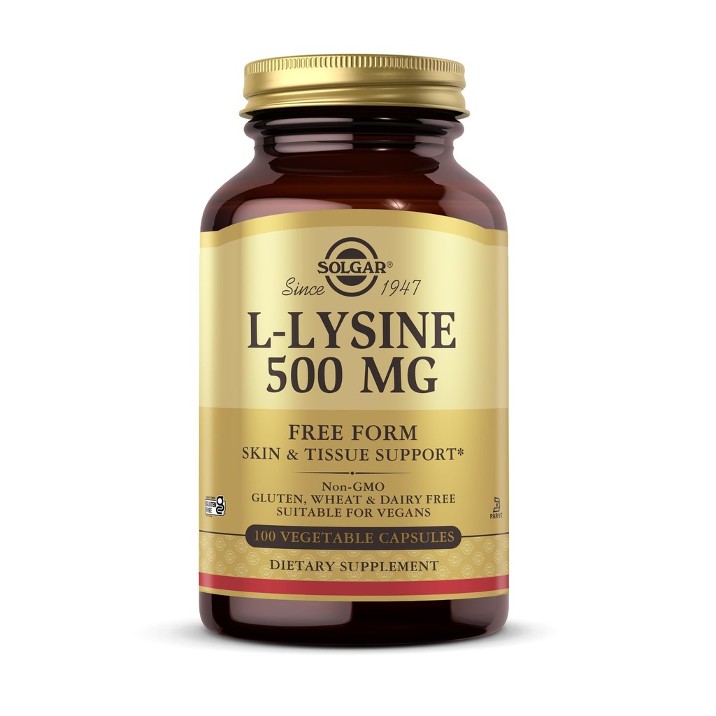 Solgar L-Lysine 500 mg - 100 Κάψουλες λαχανικών - Υποστήριξη δέρματος & ιστού - Μη ΓΤΟ, Vegan, Kosher, Χωρίς γλουτένη - 100 Σερβιέτες