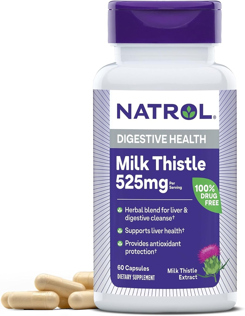 Natrol Milk Thittle 525 mg ανά Σερβίρισμα, Συμπλήρωμα διατροφής για την Digestive Υγεία, συμπλήρωμα γάλακτος Thittle, 60 κάψουλες, 30 ημέρες προσφοράς