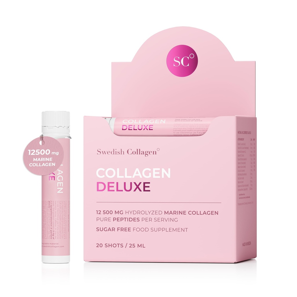 Swedish Collagen Deluxe, 12,500 mg Hydrolyzed Marine Collagen Liquid Supplement - 20 x 25 ml Daily Shots | Hyaluronic Acid, Biotin & Vitamin C for Healthy Hair, Skin, Nails & Joints | Sugar-Free